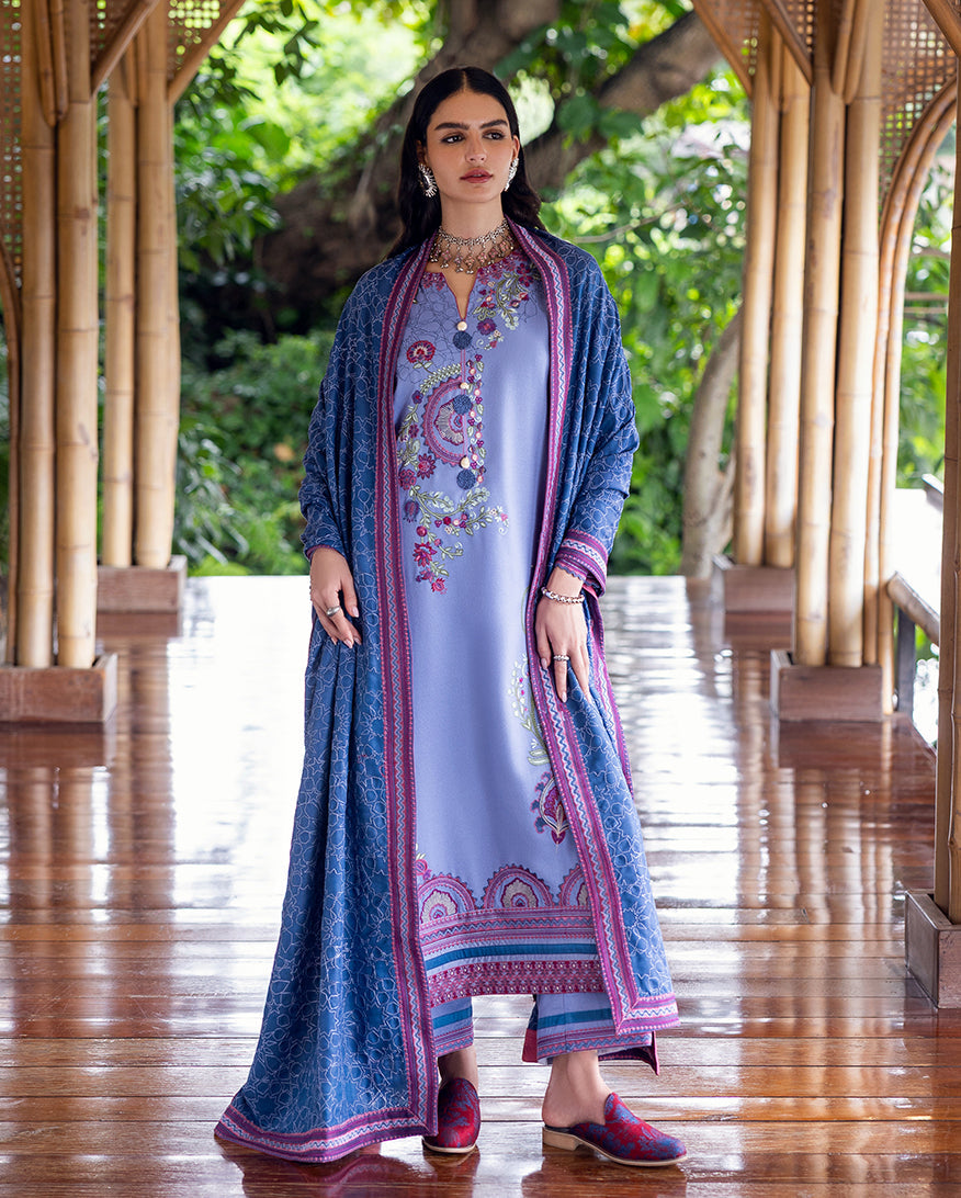 Women Wearing River Hush Blue Long Shirt for Luxury Events - Pakistani Designer Wear for Women in UK | Kifat
