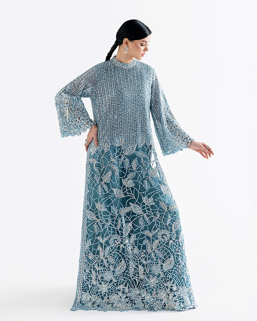 Women Wearing Serafina Teal Blue Long Shirt for Festive Events - Pakistani Designer Wear for Women in UK | Kifat