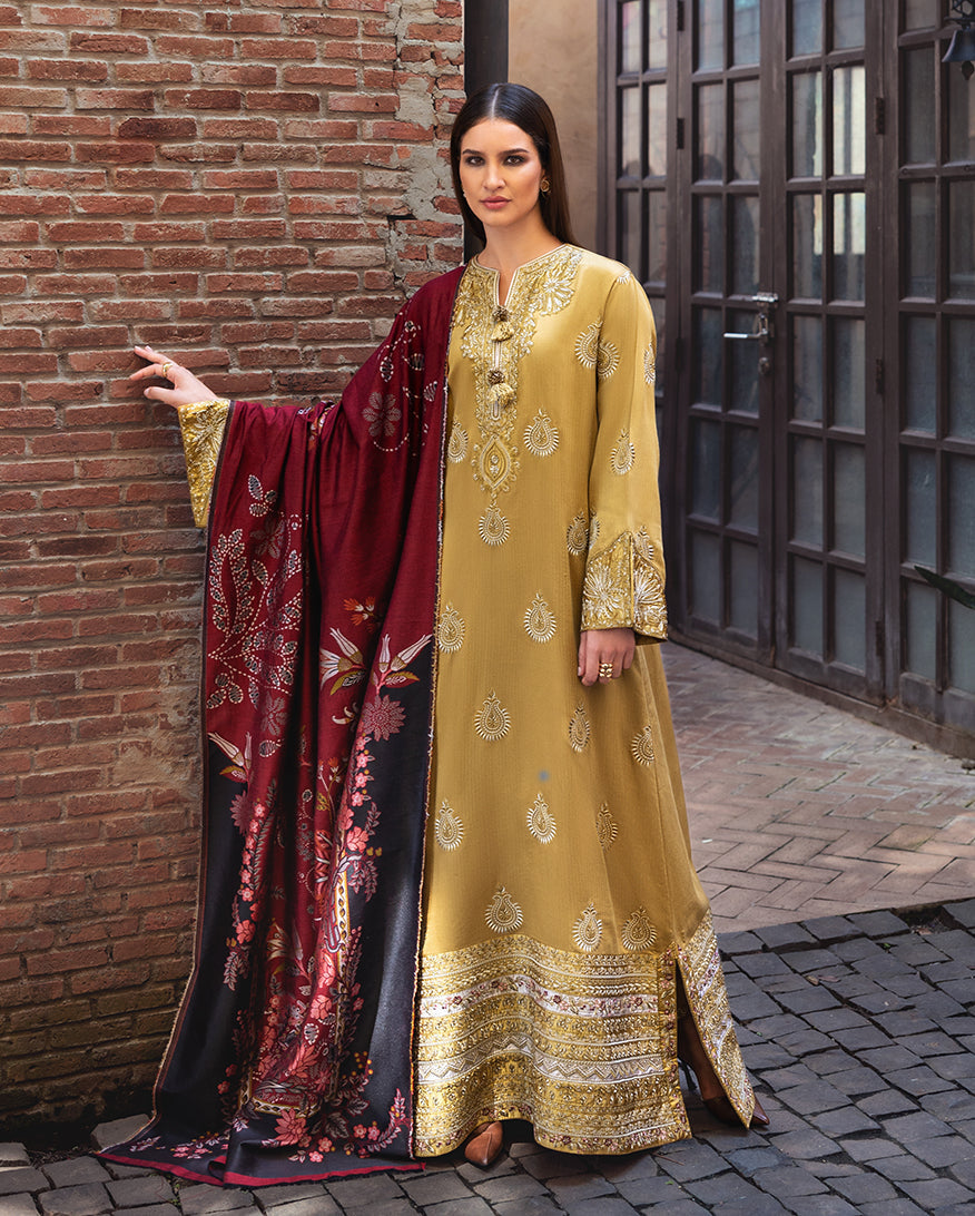 Women Wearing Sunlit Siena Gold Yellow Long Shirt for Casual Events - Pakistani Designer Wear for Women in UK | Kifat