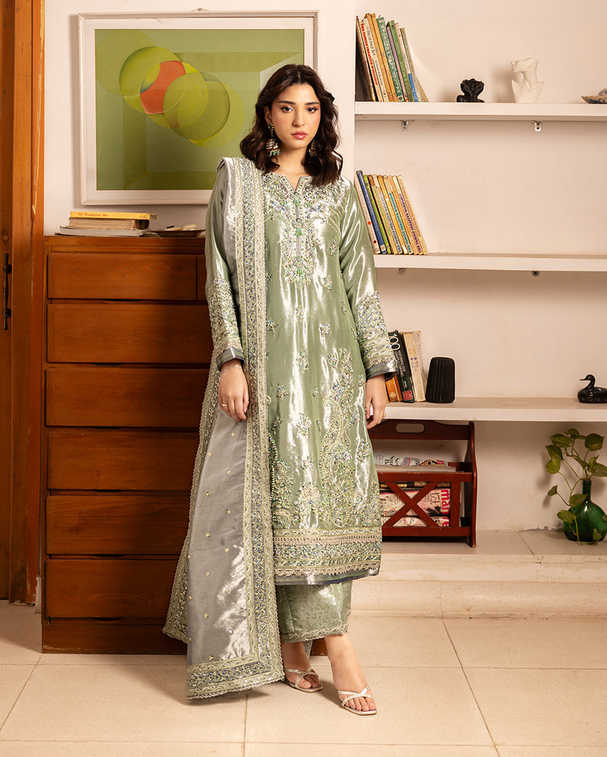 Women Wearing Tabeer Green Long Shirt for Events - Pakistani Designer Wear for Women in UK | Kifat