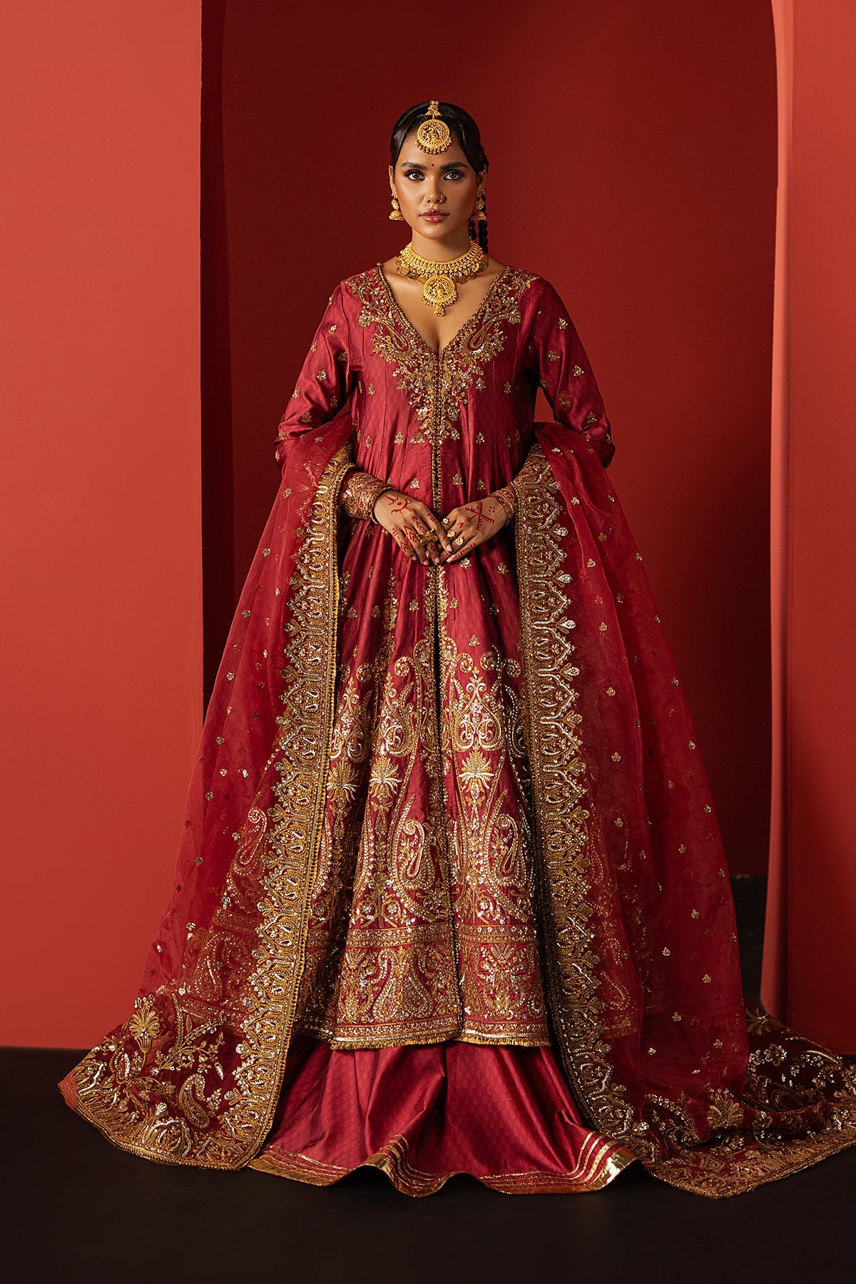 Women Wearing Bahaar Red Front Open Shirt For Festive Events - Pakistani Designer Wear For Women In Uk | Kifat
