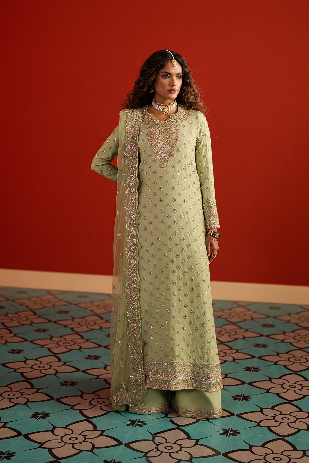 Women Wearing Shahwar Parrot Green Long Shirt For Festive Events - Pakistani Designer Wear For Women In Uk | Kifat