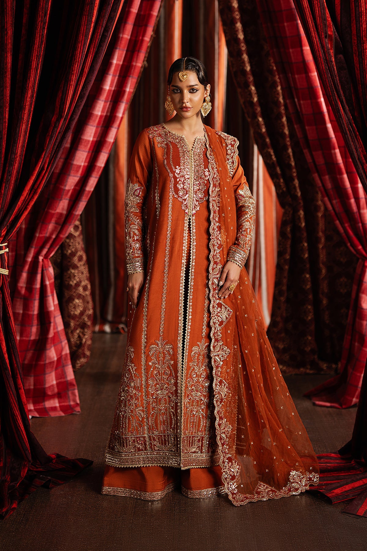 Women Wearing Aafreen Rust Front Open Shirt For Festive Events - Pakistani Designer Wear For Women In Uk | Kifat
