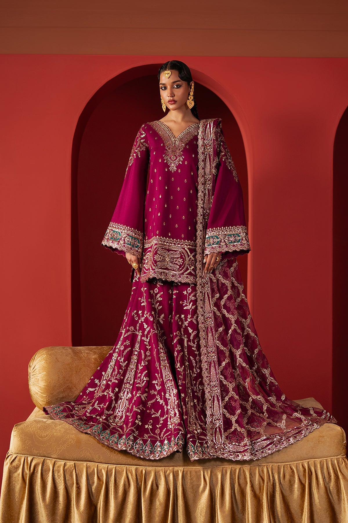 Women Wearing Shamal Magenta Short Shirt With Sharara For Festive Events - Pakistani Designer Wear For Women In Uk | Kifat