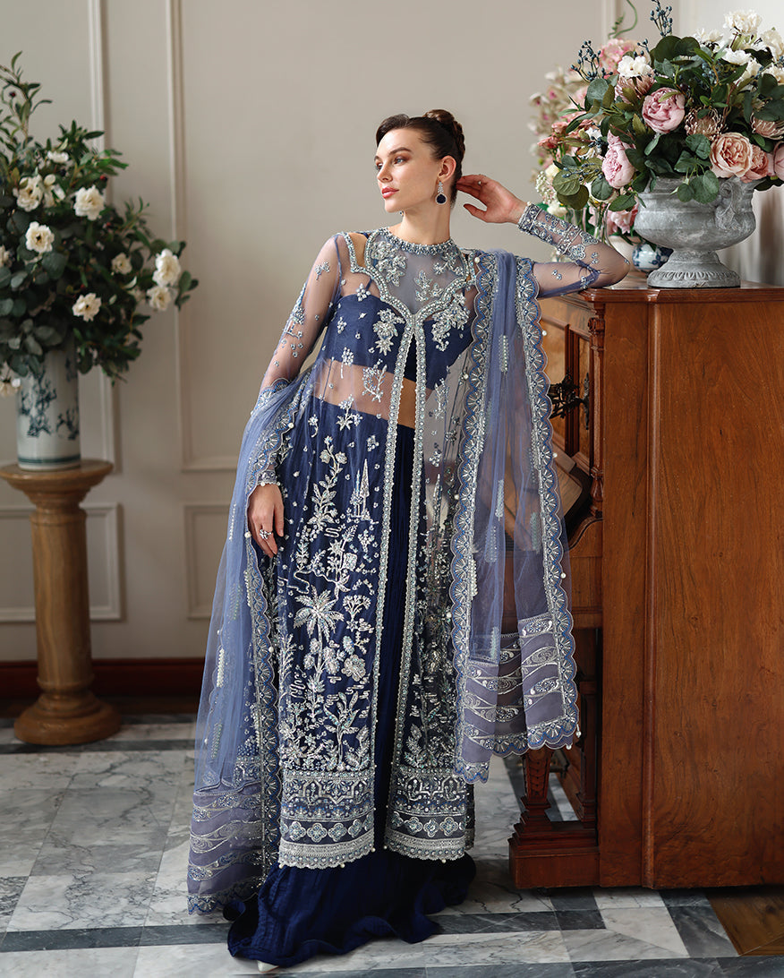 Women Wearing Veronica Dark Blue Long Shirt with Sharara for Wedding Events - Pakistani Designer Wear for Women in UK | Kifat