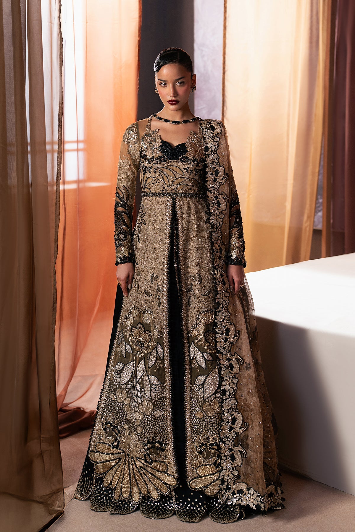 Women Wearing Rayyan Golden Front Open Shirt For Festive Events - Pakistani Designer Wear For Women In Uk | Kifat