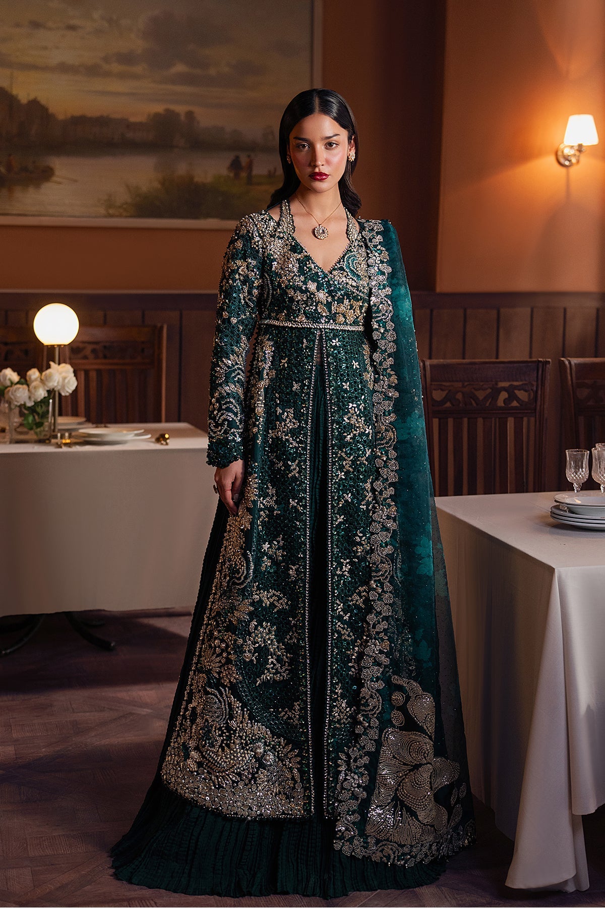 Women Wearing Zareenah Teal Green Front Open Shirt For Festive Events - Pakistani Designer Wear For Women In Uk | Kifat