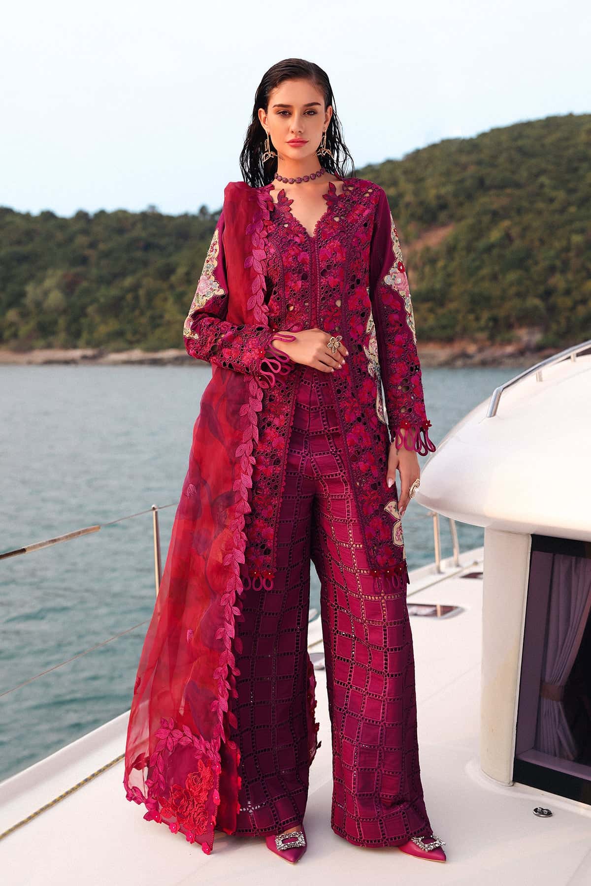Women Wearing Serene Red Long Shirt For Luxury Events - Pakistani Designer Wear For Women In Uk | Kifat