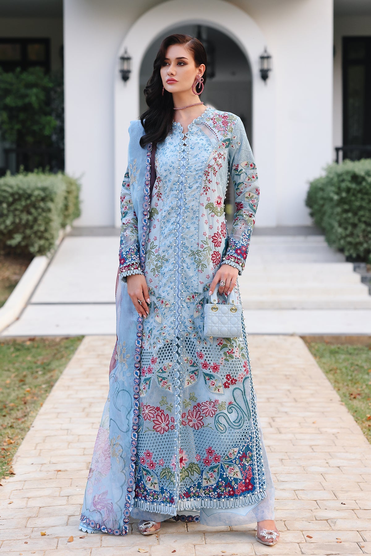Women Wearing Presta Aqua Long Shirt For Luxury Events - Pakistani Designer Wear For Women In Uk | Kifat