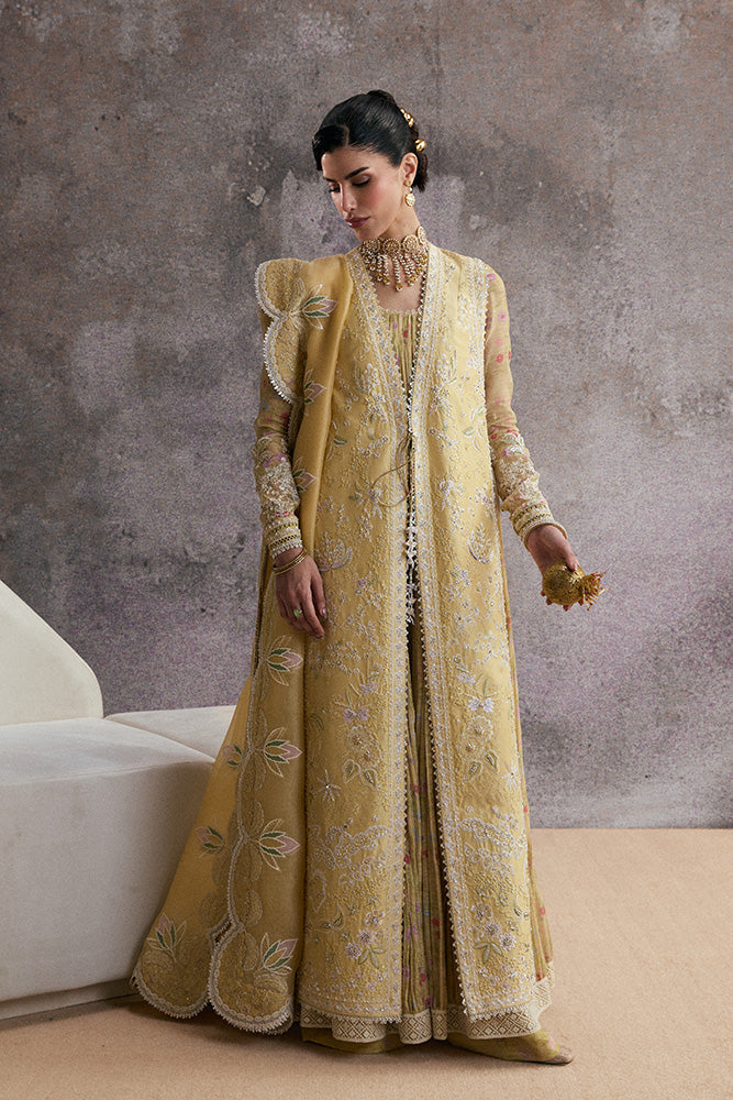Model Wearing Suffuse by Sana Yasir URAH Lemon Yellow gown/sleeveless jacket with sleeveless pants for Wedding Wear - Pakistani Designer wear for Women in UK | Kifat