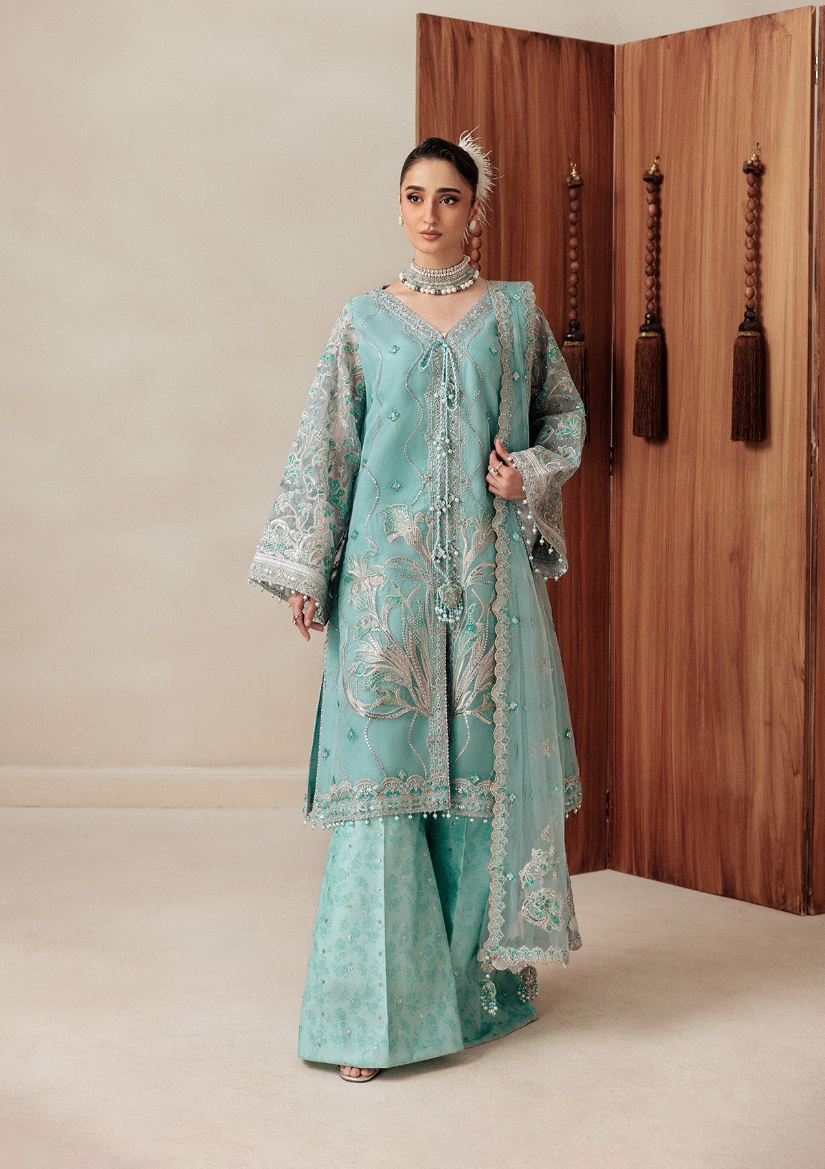 AIKSHAAM '26 - VOL. 1 - LOOK 06 Light Blue Front Open Shirt For Formal Events - Pakistani Designer Wear for Women in UK | Kifat