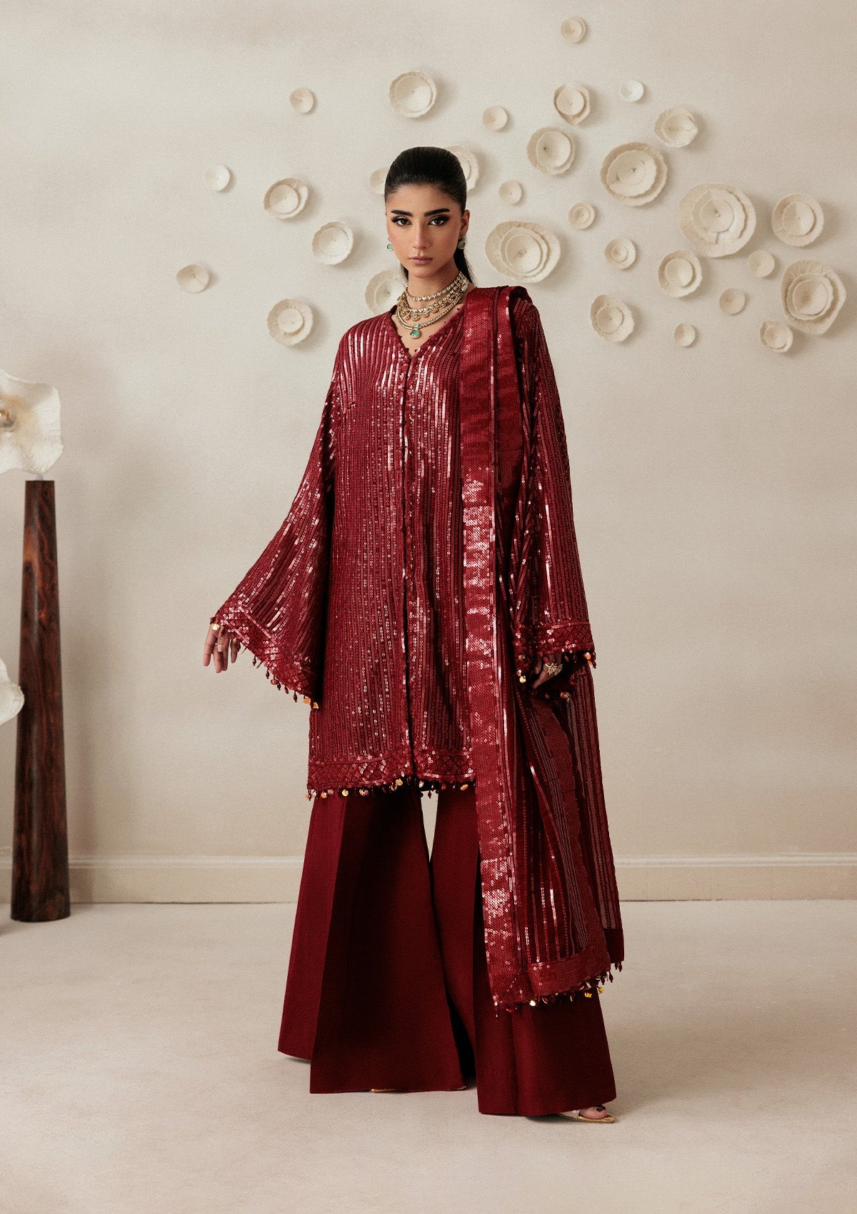 AIKSHAAM '26 - VOL. 1 - LOOK 08 Maroon Front Open Shirt For Formal Events - Pakistani Designer Wear for Women in UK | Kifat