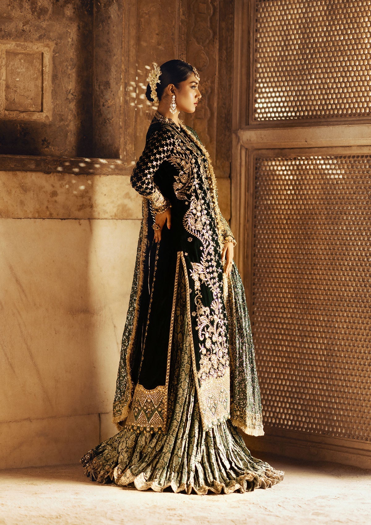 DASTOOR - LOOK 02 Bottle Green Front Open Shirt with Sharara For Formal Events - Pakistani Designer Wear for Women in UK | Kifat