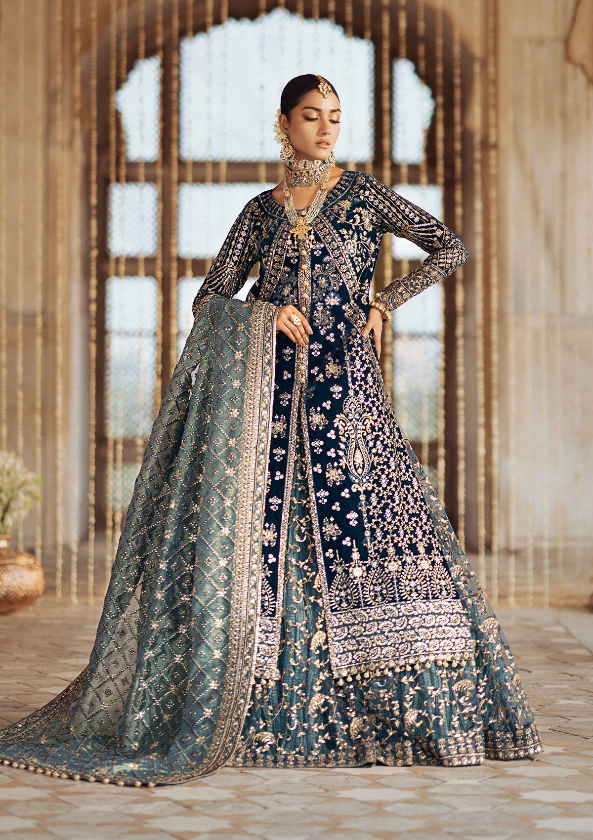 DASTOOR - LOOK 05 Teal Blue Front Open Shirt with Lehnga For Formal Events - Pakistani Designer Wear for Women in UK | Kifat