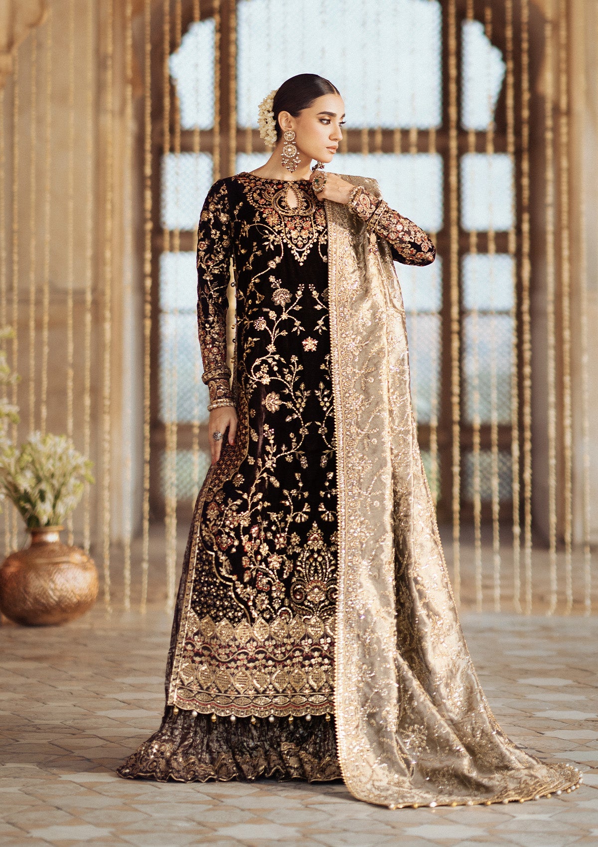 DASTOOR - LOOK 09 Dark Brown Long Shirt with Sharara For Formal Events - Pakistani Designer Wear for Women in UK | Kifat