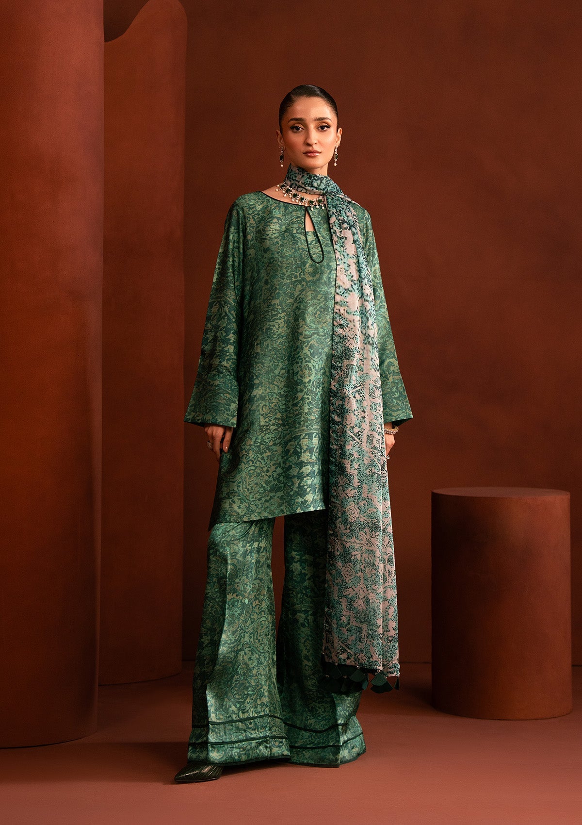 MISS AIK - RTW '25 D2 - LOOK 02 Emerald Short Shirt with Plazo For Luxury Events - Pakistani Designer Wear for Women in UK | Kifat