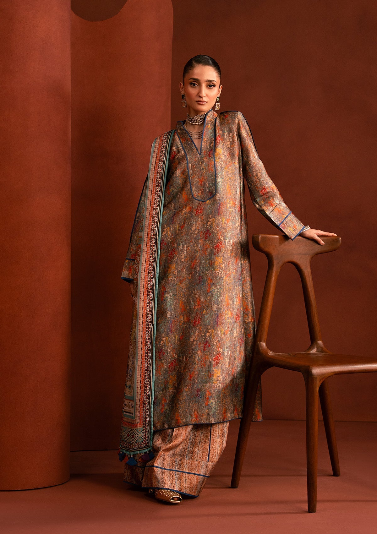 MISS AIK - RTW '25 D2 - LOOK 05 Rust Long Shirt For Luxury Events - Pakistani Designer Wear for Women in UK | Kifat