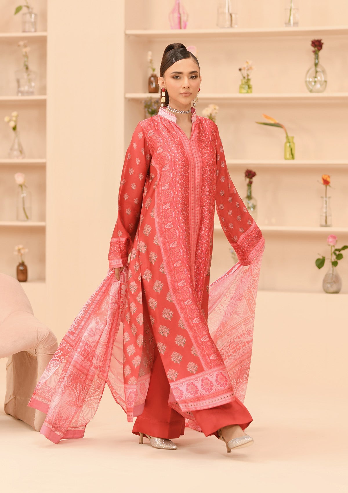 MISS AIK - RTW '24 D1 - LOOK 05 Coral Red Long Shirt For Luxury Events - Pakistani Designer Wear for Women in UK | Kifat
