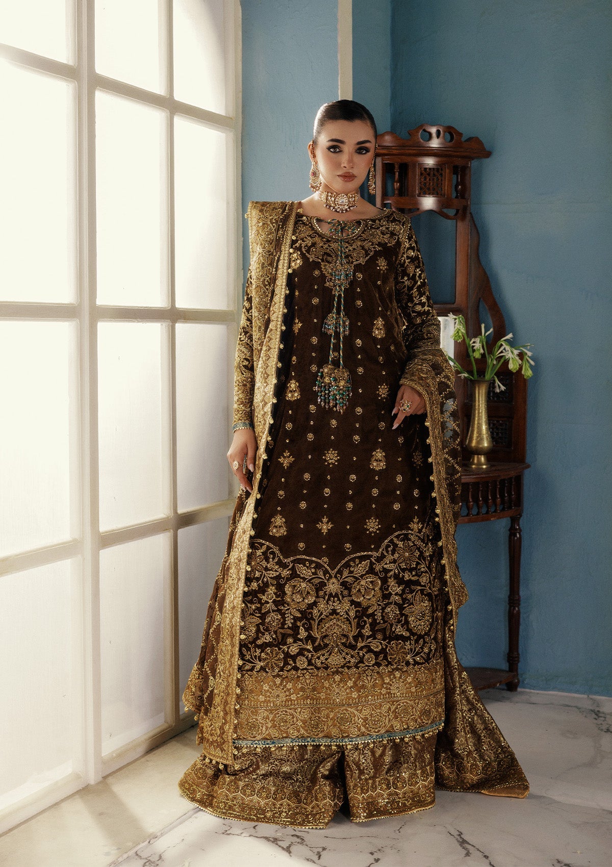 UDAIPUR - LOOK 01 Mehndi Long Shirt with Sharara For Formal Events - Pakistani Designer Wear for Women in UK | Kifat
