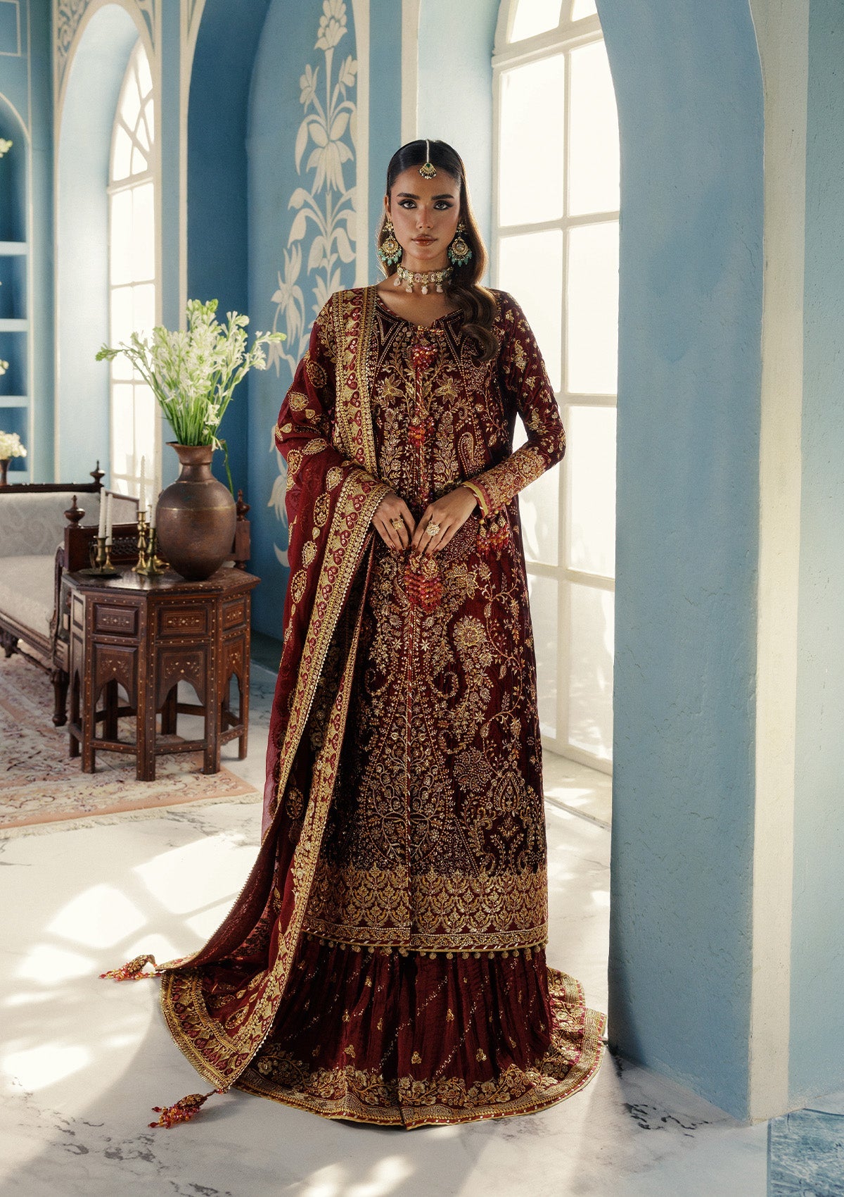 UDAIPUR - LOOK 05 Ruby Red Front Open Shirt with Sharara For Formal Events - Pakistani Designer Wear for Women in UK | Kifat