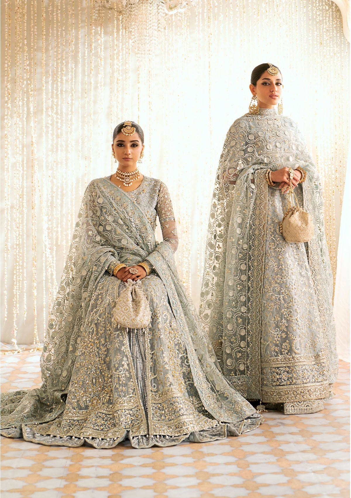WEDDING FESTIVE '24 VOL. 1 - LOOK 03 Ice Blue Open Front Frock with Crushed Skirt,Kalidaar Frock with Palazzo Pants For Wedding Events - Pakistani Designer Wear for Women in UK | Kifat