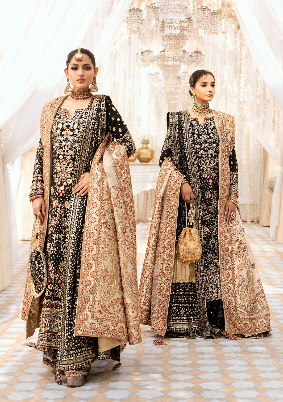 WEDDING FESTIVE '24 VOL. 1 - LOOK 04 Black Long Shirt with Gharara,Long Shirt with Izhaar Pants For Wedding Events - Pakistani Designer Wear for Women in UK | Kifat