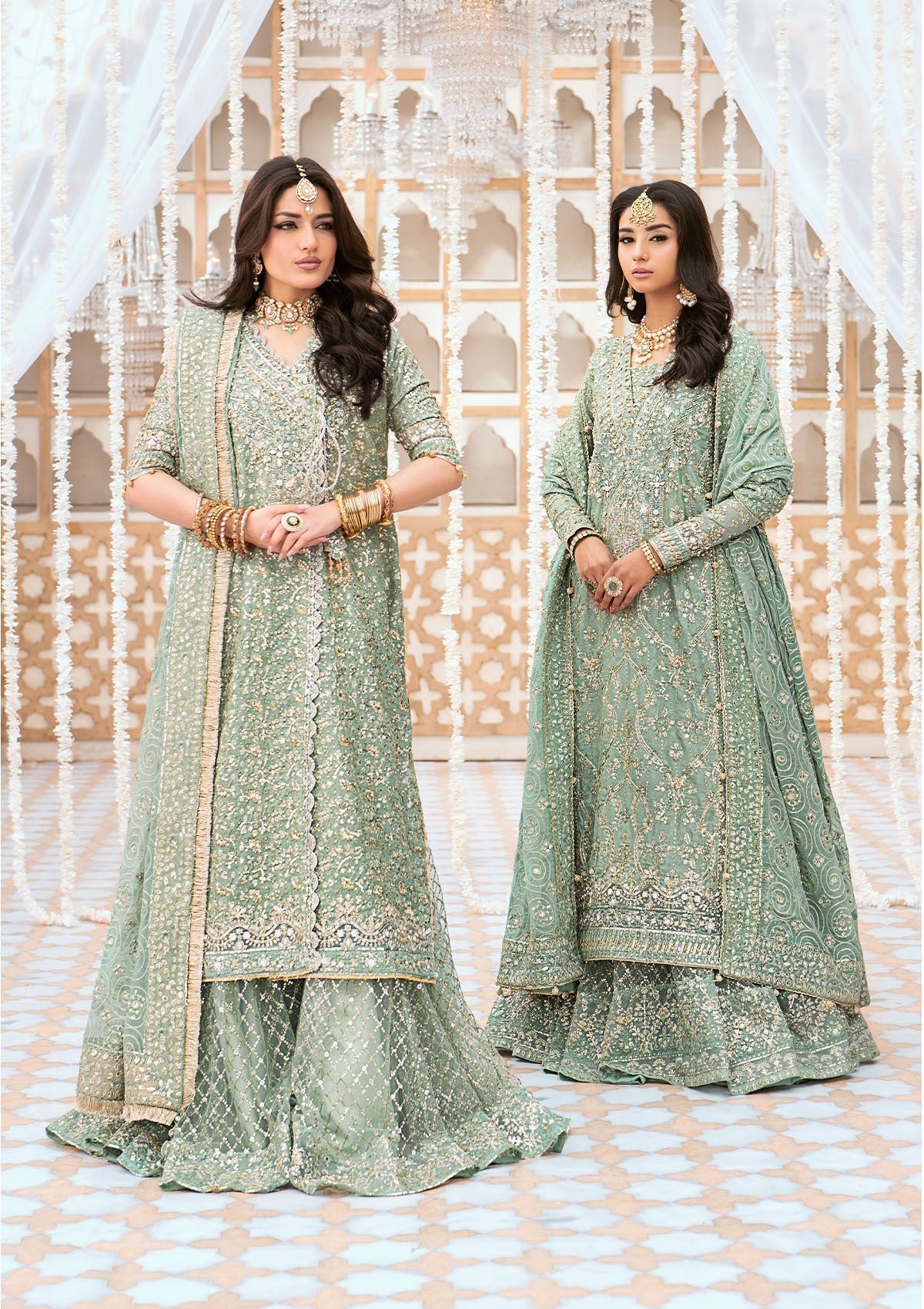 WEDDING FESTIVE '24 VOL. 1 - LOOK 05 Mint Green Angrakha with Gharara, Long Shirt with Crushed Frock For Wedding Events - Pakistani Designer Wear for Women in UK | Kifat