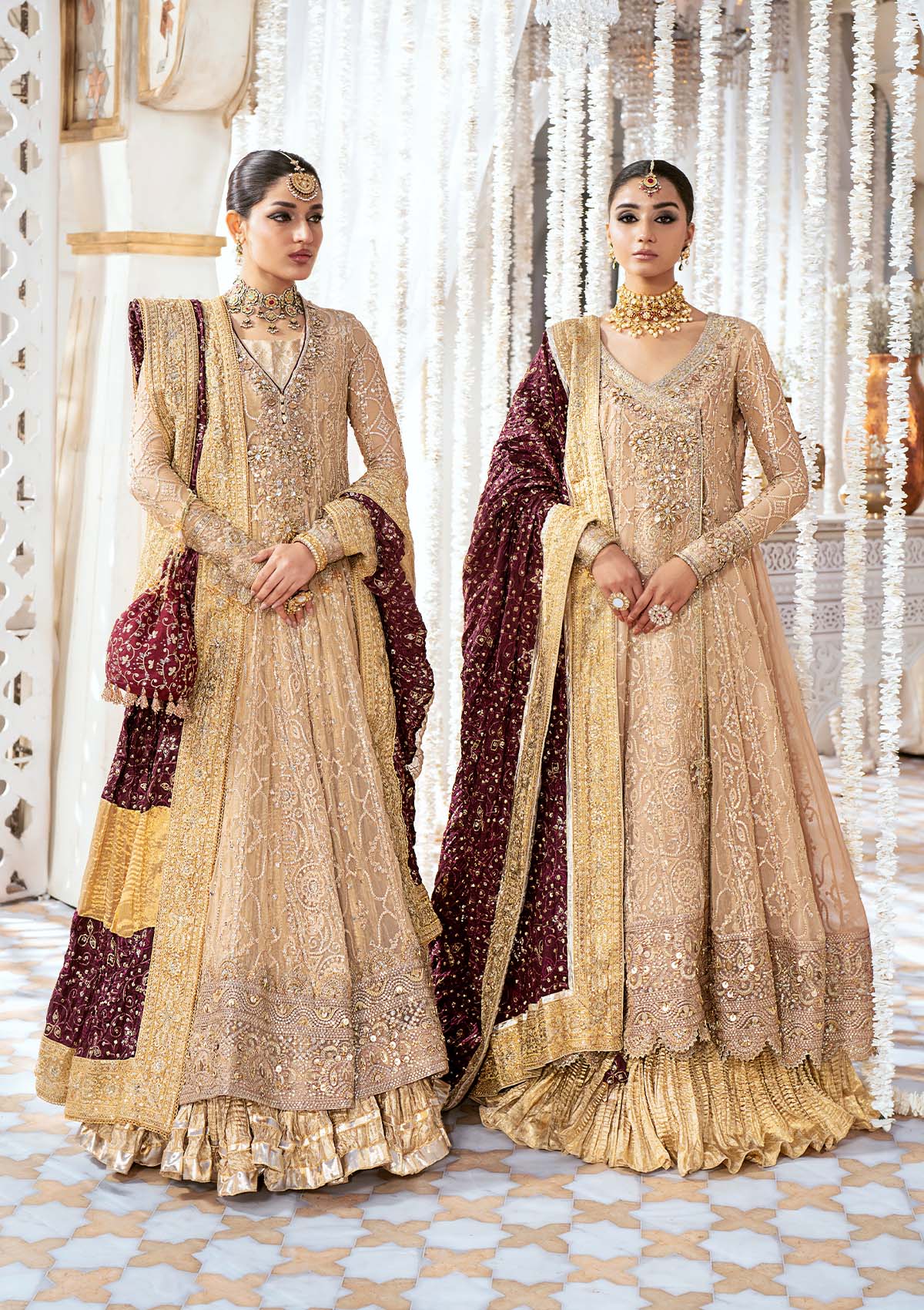 WEDDING FESTIVE '24 VOL. 1 - LOOK 08 Champagne Kalidaar Frock with Crushed Frock,Angrakha with Crushed Skirt For Wedding Events - Pakistani Designer Wear for Women in UK | Kifat