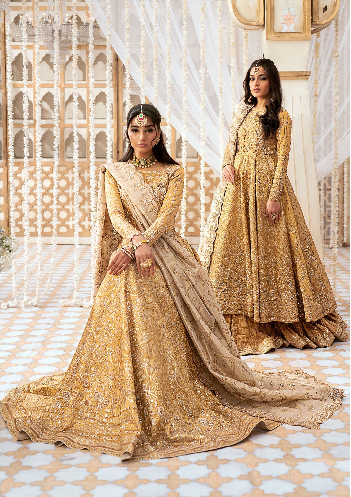 WEDDING FESTIVE '24 VOL. 1 - LOOK 09 Gold Blouse and Lehnga,Kalidaar Frock with Crushed Skirt For Wedding Events - Pakistani Designer Wear for Women in UK | Kifat
