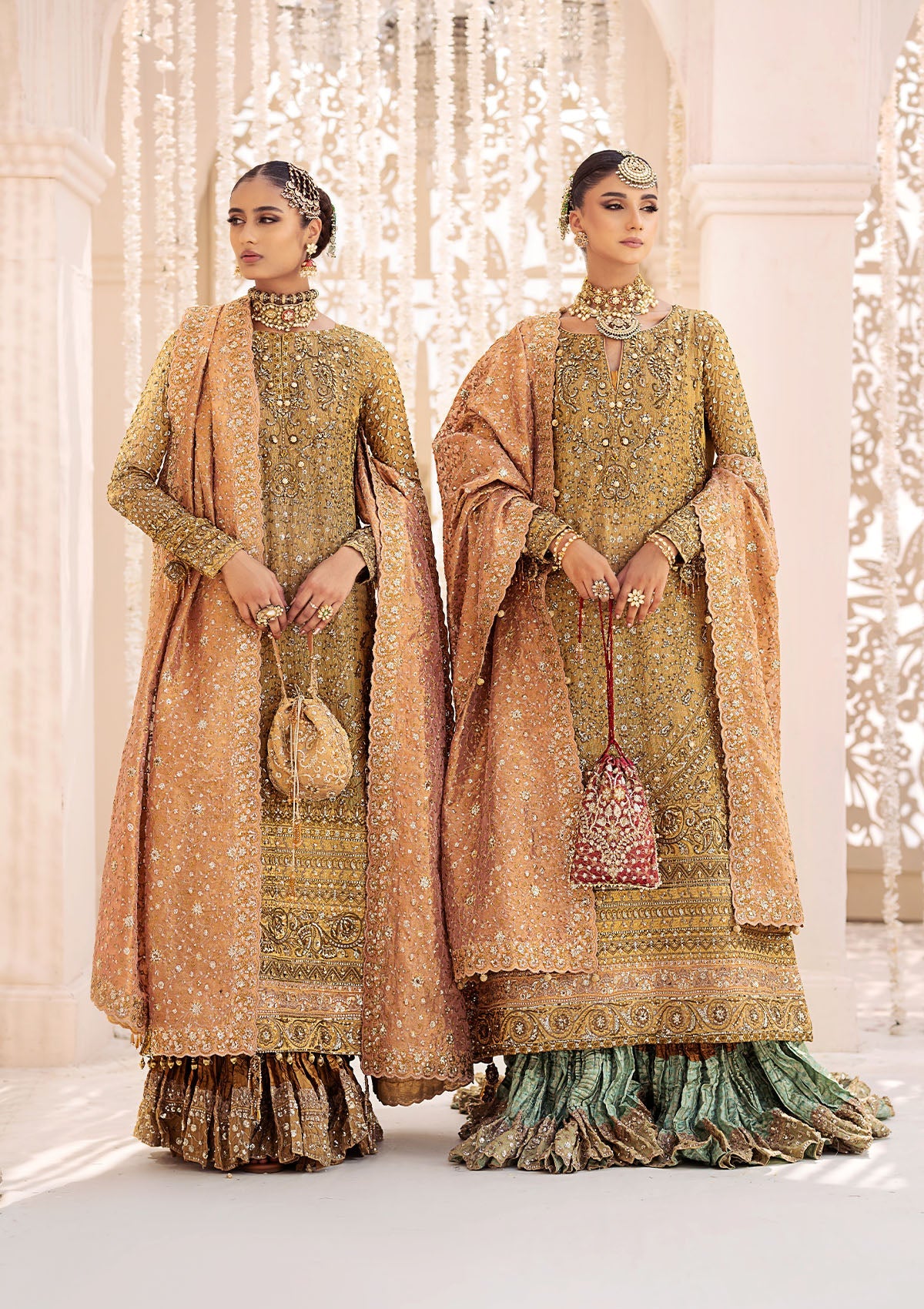 WEDDING FESTIVE 24 VOL. 2 - LOOK 02 Gold Long shirt with Crushed Frock,Long Shirt with Farshi Gharara For Wedding Events - Pakistani Designer Wear for Women in UK | Kifat
