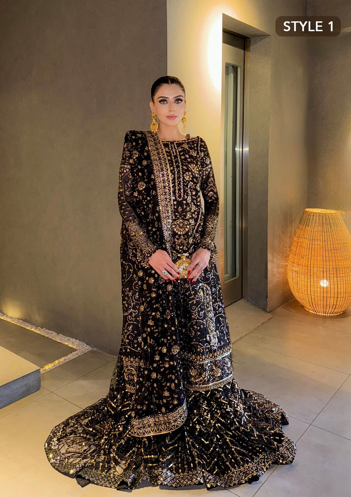 WEDDING FESTIVE 24 VOL. 2 - LOOK 07 Black Long Shirt with Gharara,Long Shirt with Crushed Frock For Wedding Events - Pakistani Designer Wear for Women in UK | Kifat