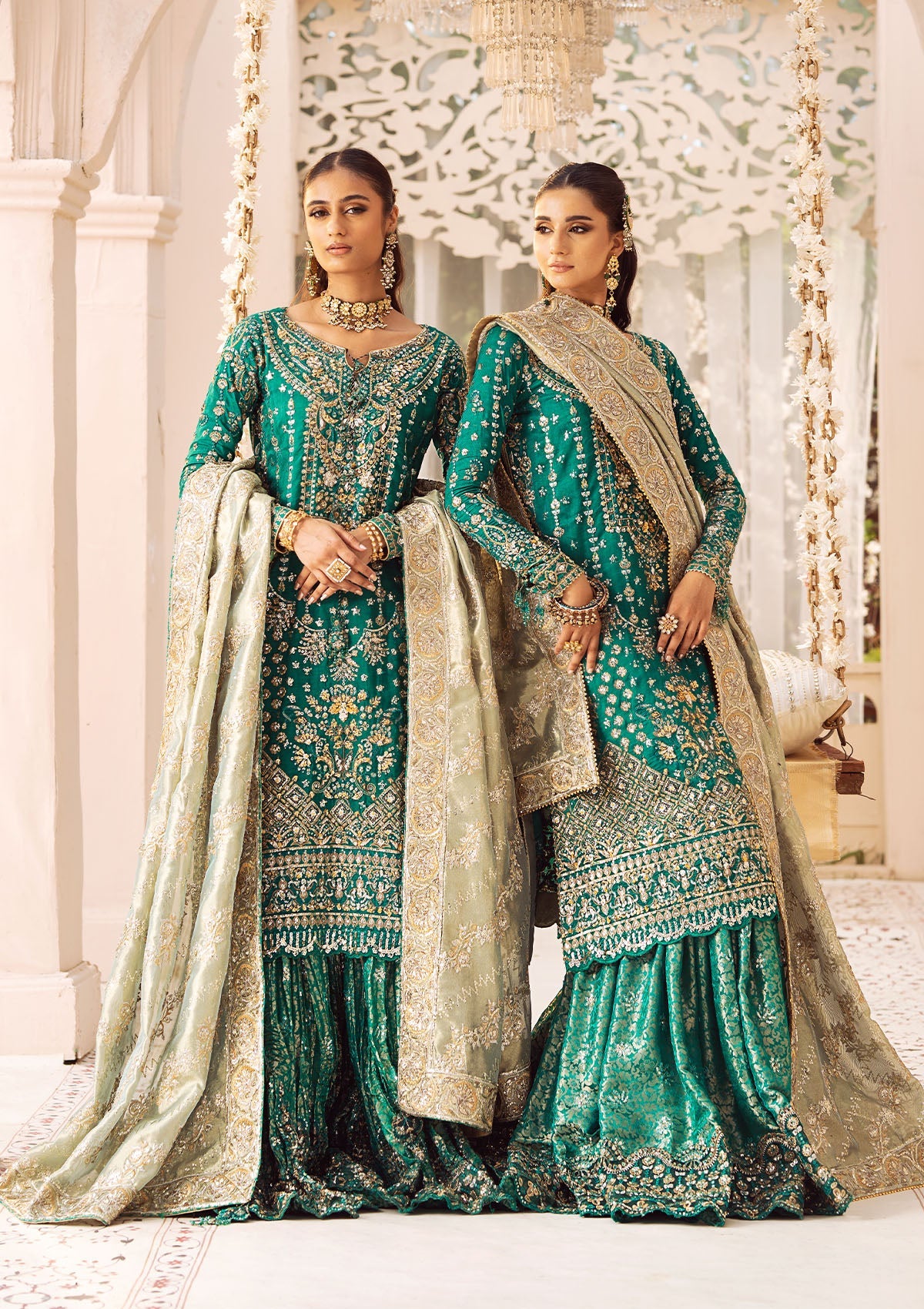 WEDDING FESTIVE 24 VOL. 2 - LOOK 09 Bottle Green Mid Length shirt with crushed Sharara,Mid Length shirt with Gharara For Wedding Events - Pakistani Designer Wear for Women in UK | Kifat