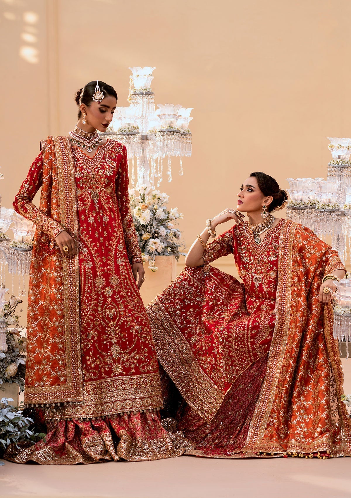 WEDDING FESTIVE 25 VOL. 1 - LOOK 01 Red LONG SHIRT WITH FARSHI GHARARA,LONG SHIRT WITH CRUSHED GHARARA For Wedding Events - Pakistani Designer Wear for Women in UK | Kifat