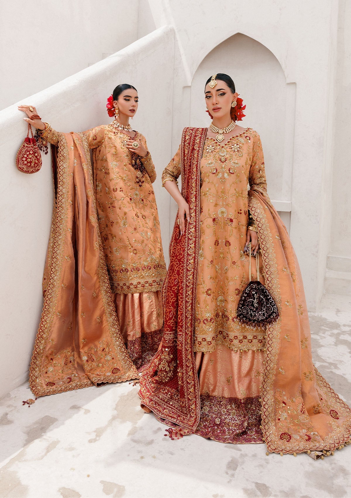 WEDDING FESTIVE 25 VOL. 2 - LOOK 02 Orange Rust LONG SHIRT WITH FARSHI GHARARA,LONG SHIRT WITH SKIRT For Wedding Events - Pakistani Designer Wear for Women in UK | Kifat