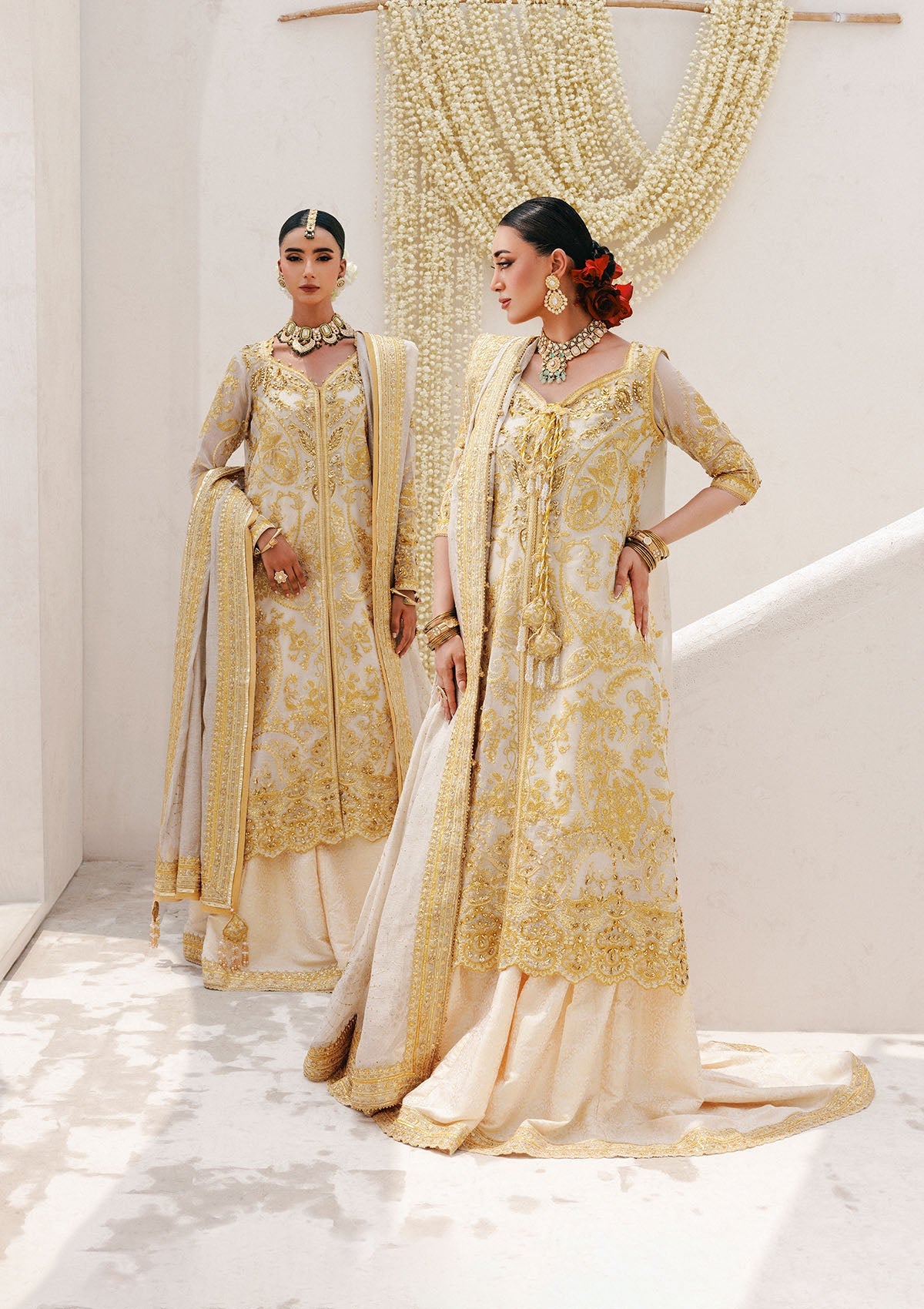 WEDDING FESTIVE 25 VOL. 2 - LOOK 03 Off White HYDERABADI SHIRT WITH FARSHI GHARARA,LONG SHIRT WITH SHARARA For Wedding Events - Pakistani Designer Wear for Women in UK | Kifat