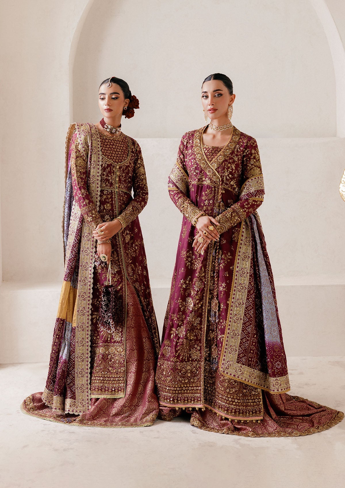 WEDDING FESTIVE 25 VOL. 2 - LOOK 04 Plum ANGRAKHA WITH GHARARA,OPEN FRONT KOTI SHIRT WITH SHARARA For Wedding Events - Pakistani Designer Wear for Women in UK | Kifat