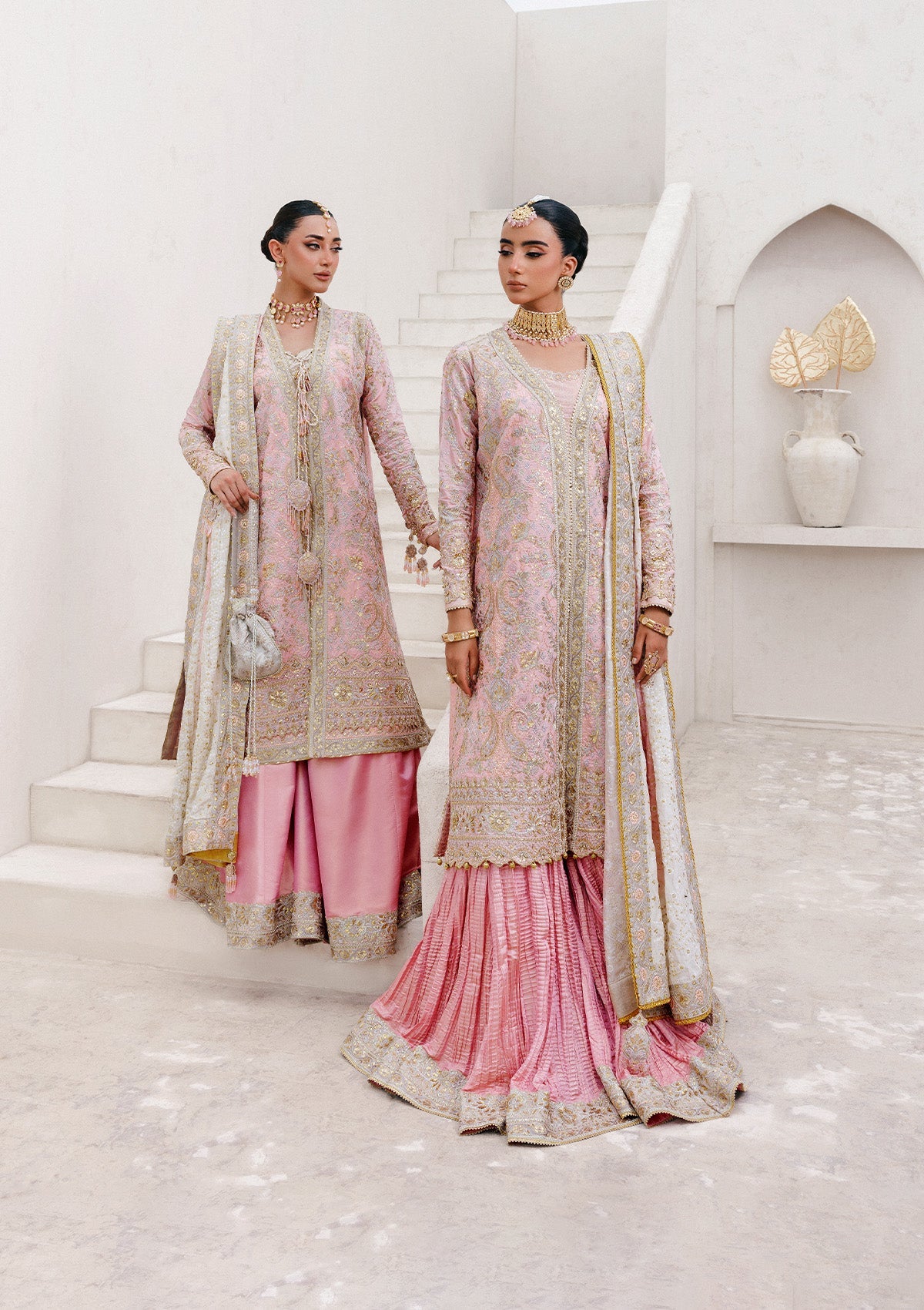 WEDDING FESTIVE 25 VOL. 2 - LOOK 07 Light Pink OPEN FRONT LONG SHIRT WITH CRUSHED GHARARA,OPEN FRONT LONG SHIRT WITH SHARARA For Wedding Events - Pakistani Designer Wear for Women in UK | Kifat