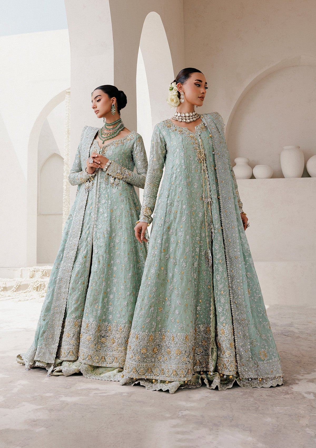 WEDDING FESTIVE 25 VOL. 2 - LOOK 08 Mint Green ANGRAKHA WITH SKIRT,KALIDAR OPEN FRONT WITH FARSHI GHARARA For Wedding Events - Pakistani Designer Wear for Women in UK | Kifat