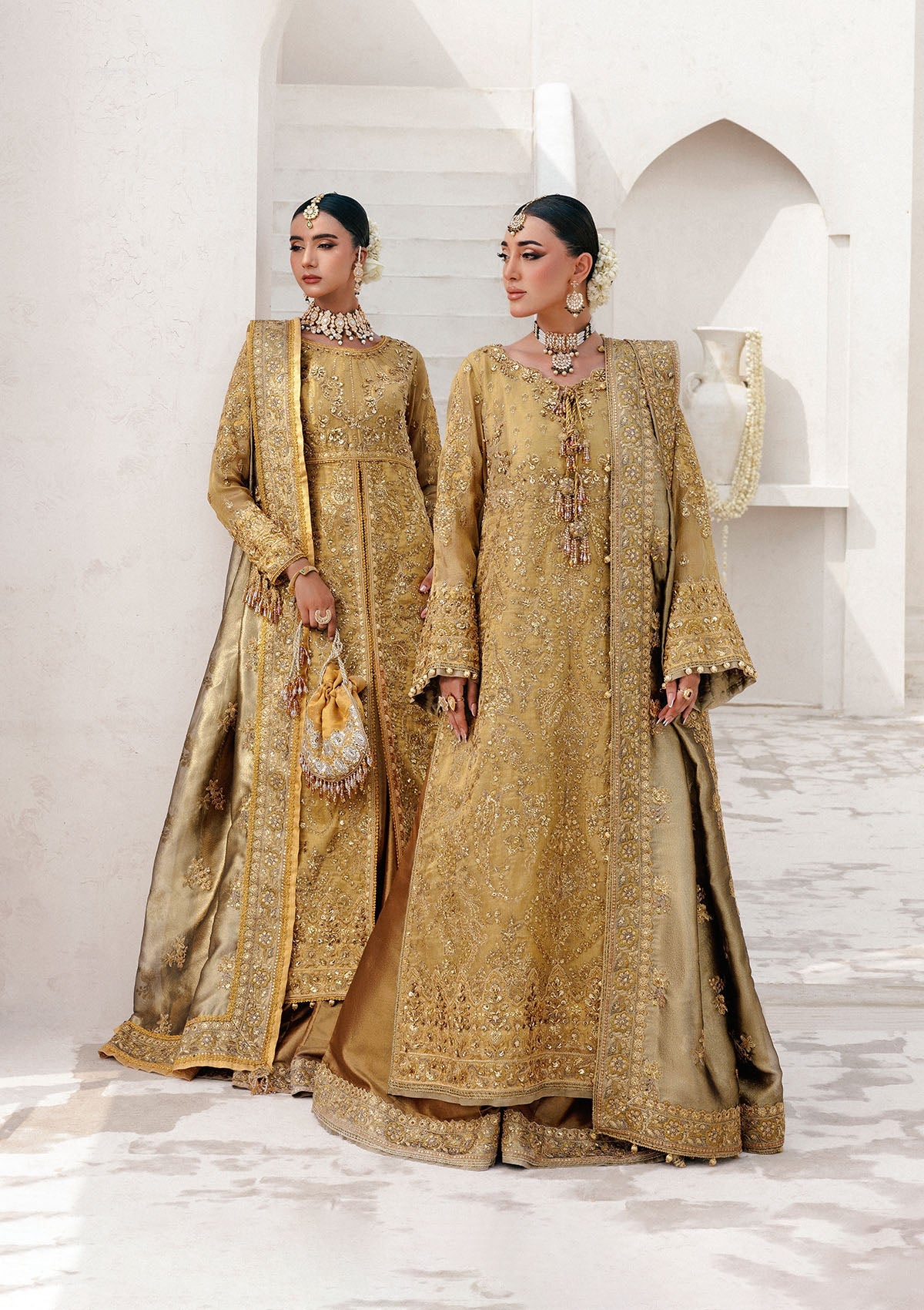 WEDDING FESTIVE 25 VOL. 2 - LOOK 10 Dull Gold OPEN FRONT WITH SKIRT,LONG SHIRT WITH SHARARA For Wedding Events - Pakistani Designer Wear for Women in UK | Kifat