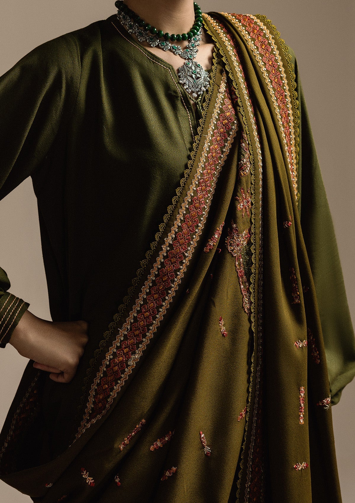AIK ROZ '25 D3 - KARANDI - LOOK 05 Olive Long Shirt For Casual Events - Pakistani Designer Wear for Women in UK | Kifat