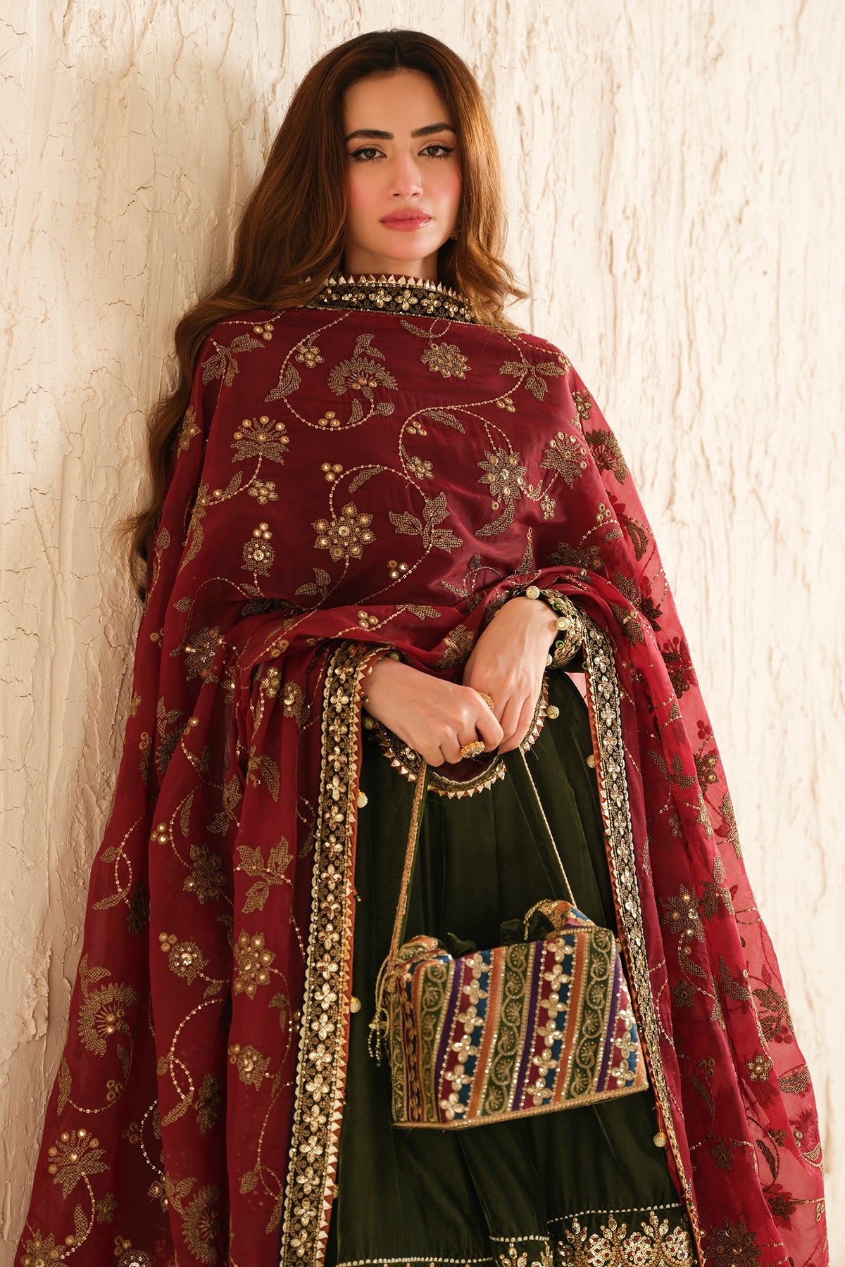 Women Wearing Embroidered Velvet Formal VF-2036 Mehndi Long Shirt with Sharara for Wedding Events - Pakistani Designer Wear for Women in UK | Kifat