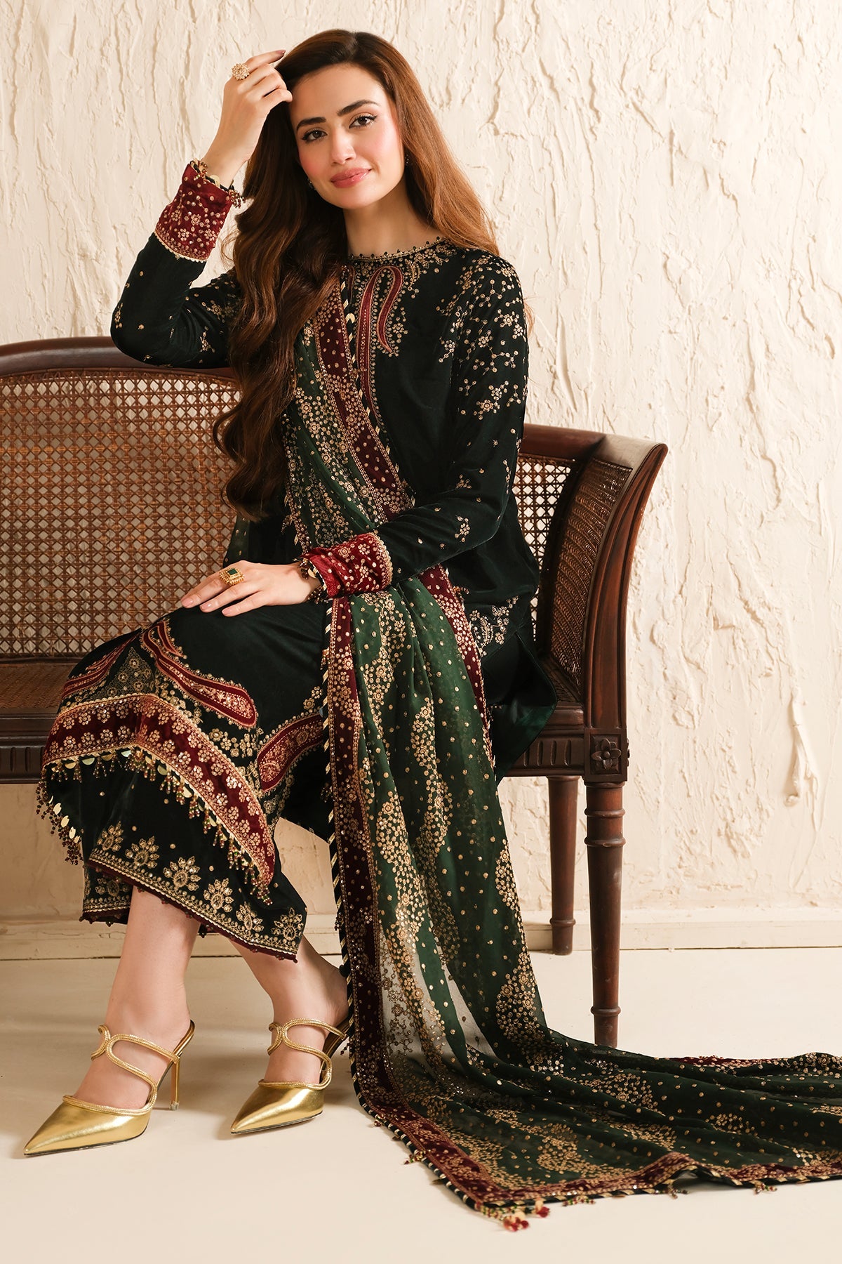 Women Wearing Embroidered Velvet Formal VF-2034 Mehndi Long Shirt for Wedding Events - Pakistani Designer Wear for Women in UK | Kifat
