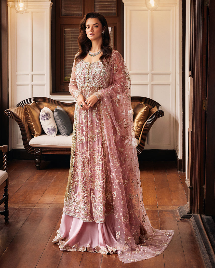 Women Wearing Luster Pink Front Open Shirt with Sharara for Wedding Events - Pakistani Designer Wear for Women in UK | Kifat