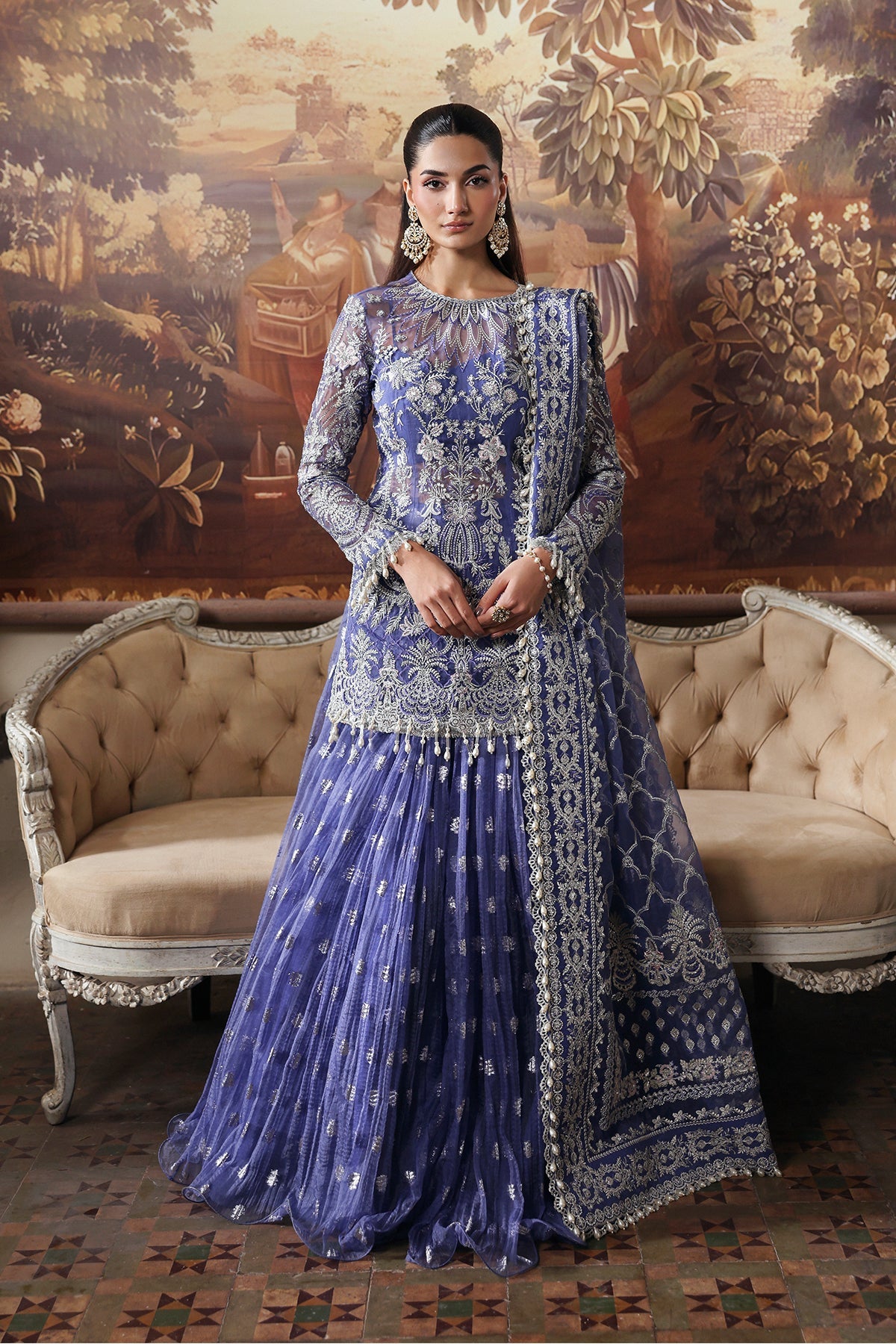 Women Wearing Bloomveil Blue Short Shirt With Sharara For Festive Events - Pakistani Designer Wear For Women In Uk | Kifat