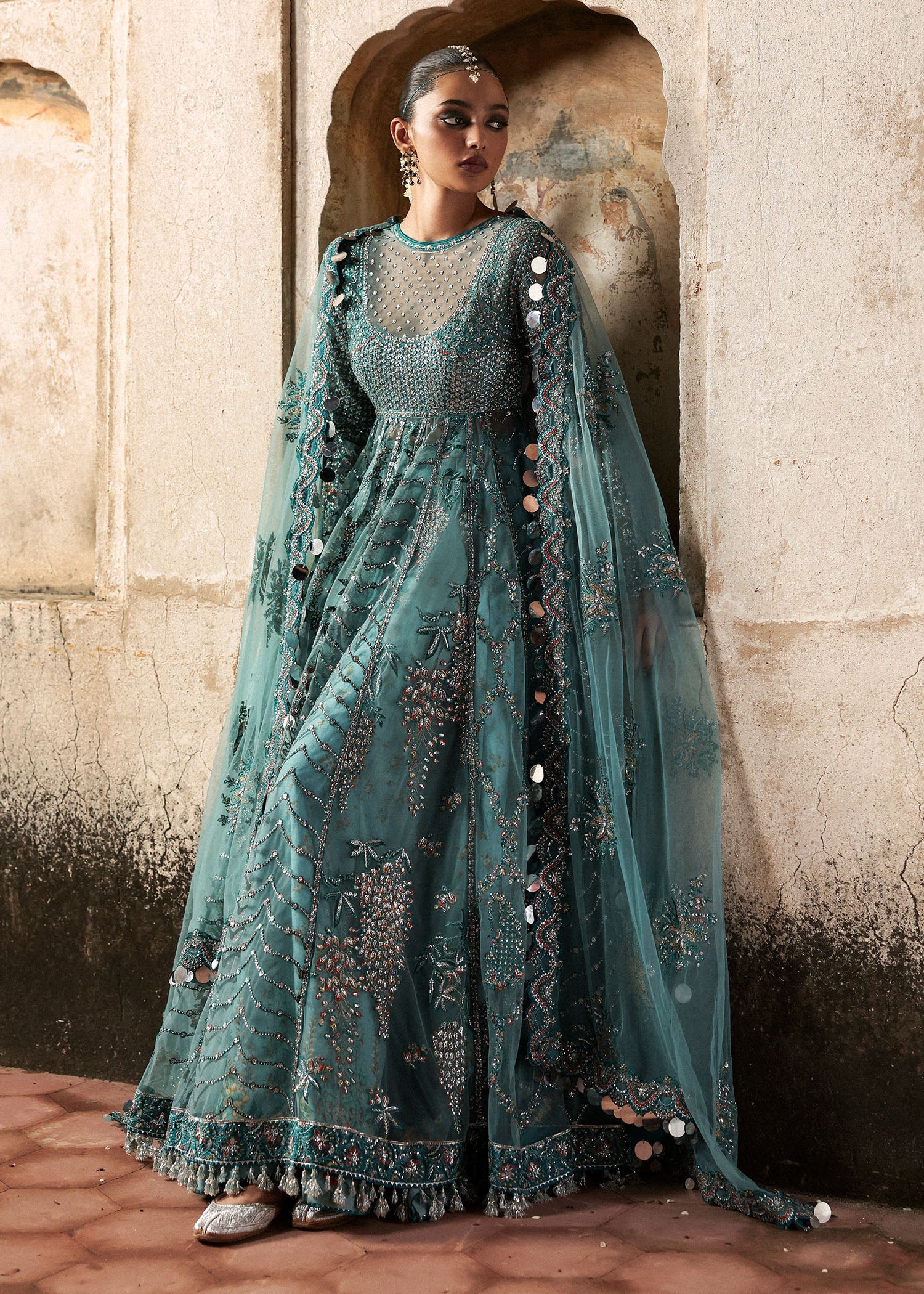Women wearing Hussain Rehar nagma Ice Blue Pishwas with Lehnga for Wedding wear, Guest of Wedding - Pakistani Designer Wear for Women in UK | Kifat