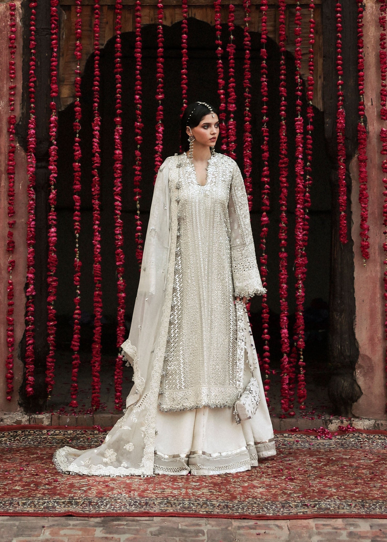 Women wearing Hussain Rehar sitara Ivory shirt with organza for Wedding wear, Guest of Wedding - Pakistani Designer Wear for Women in UK | Kifat