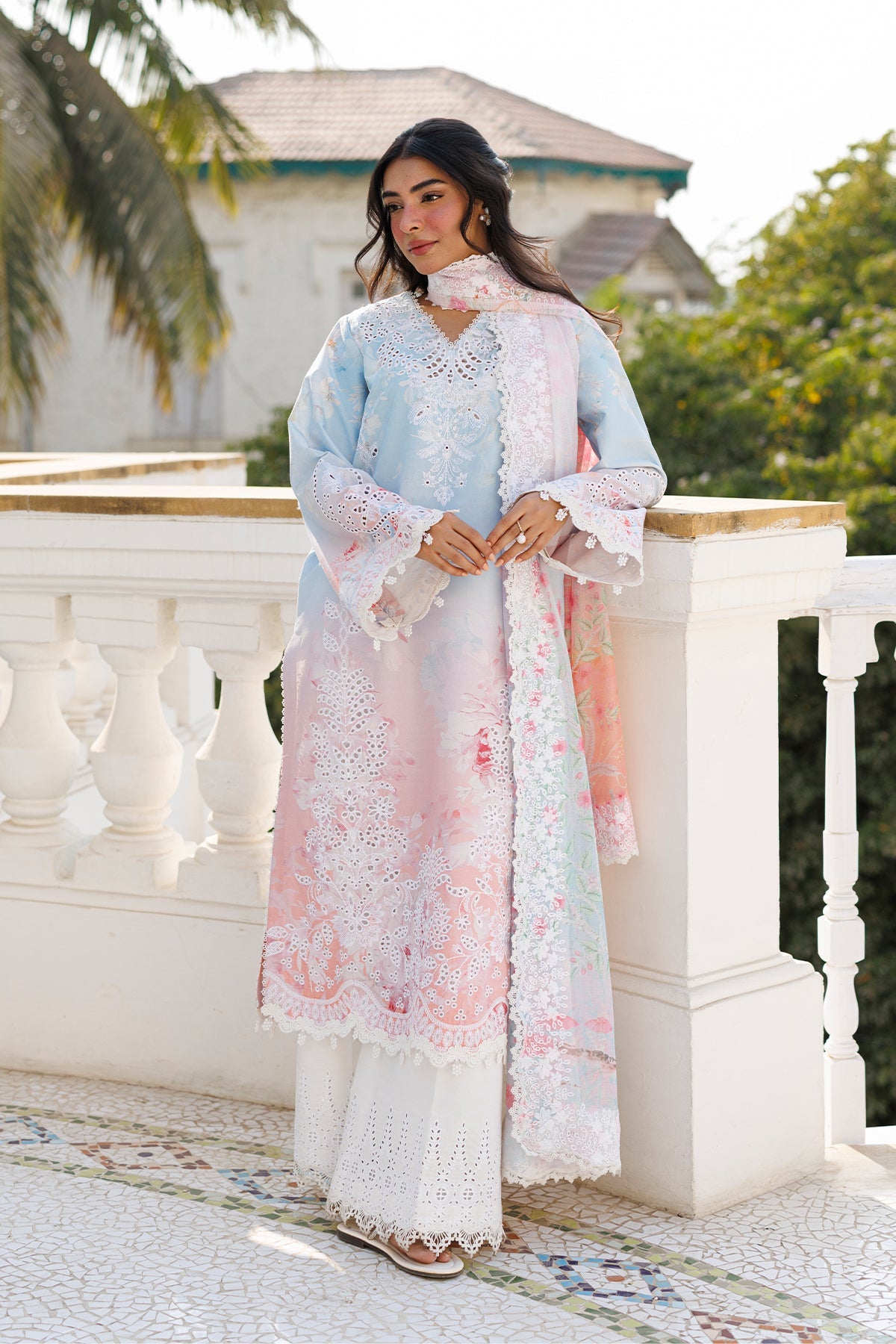 Women Wearing Liloura Pink Blue Long Shirt For Luxury Events - Pakistani Designer Wear For Women In Uk | Kifat