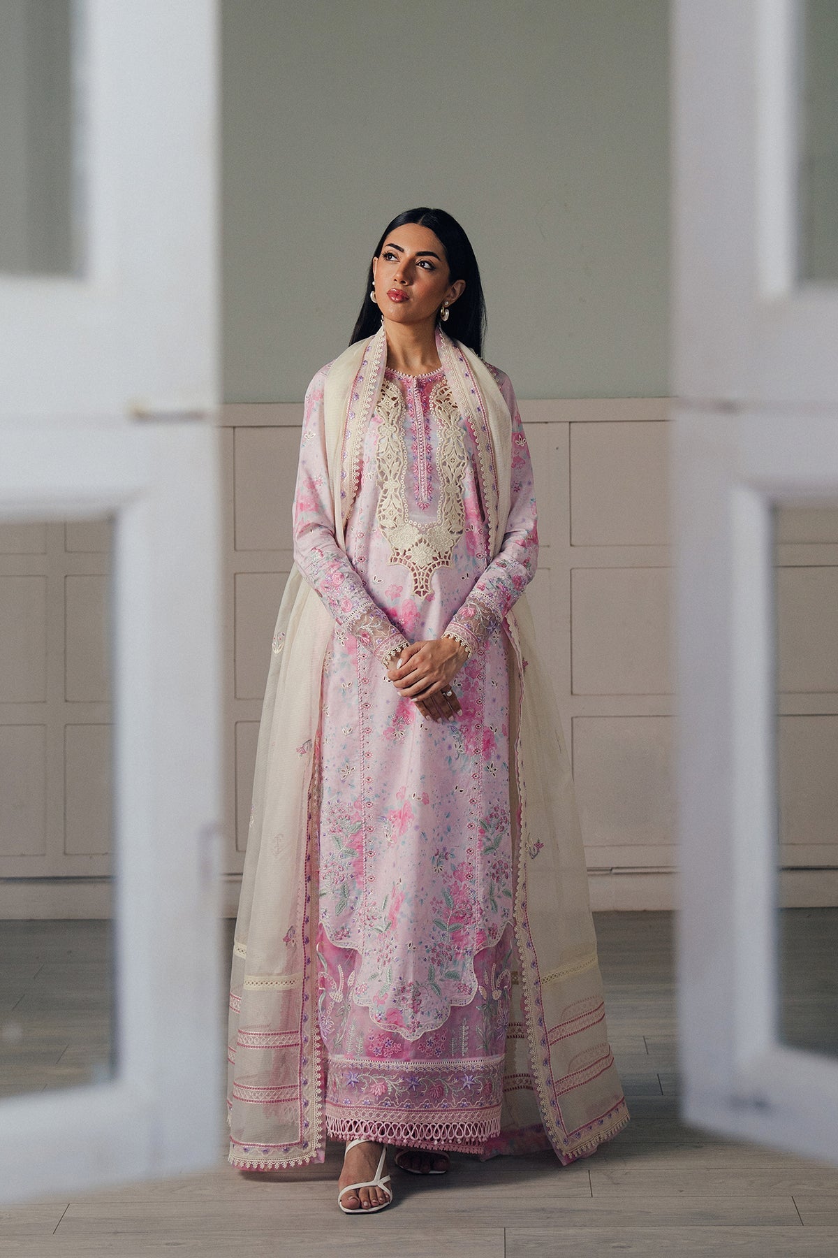 Women Wearing Skydust Light Pink Long Shirt For Luxury Events - Pakistani Designer Wear For Women In UK | Kifat