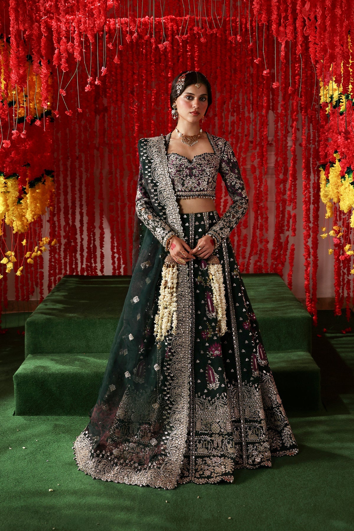 Women Wearing Shonglam Dark Green Lehnga Choli For Festive Events - Pakistani Designer Wear For Women In Uk | Kifat