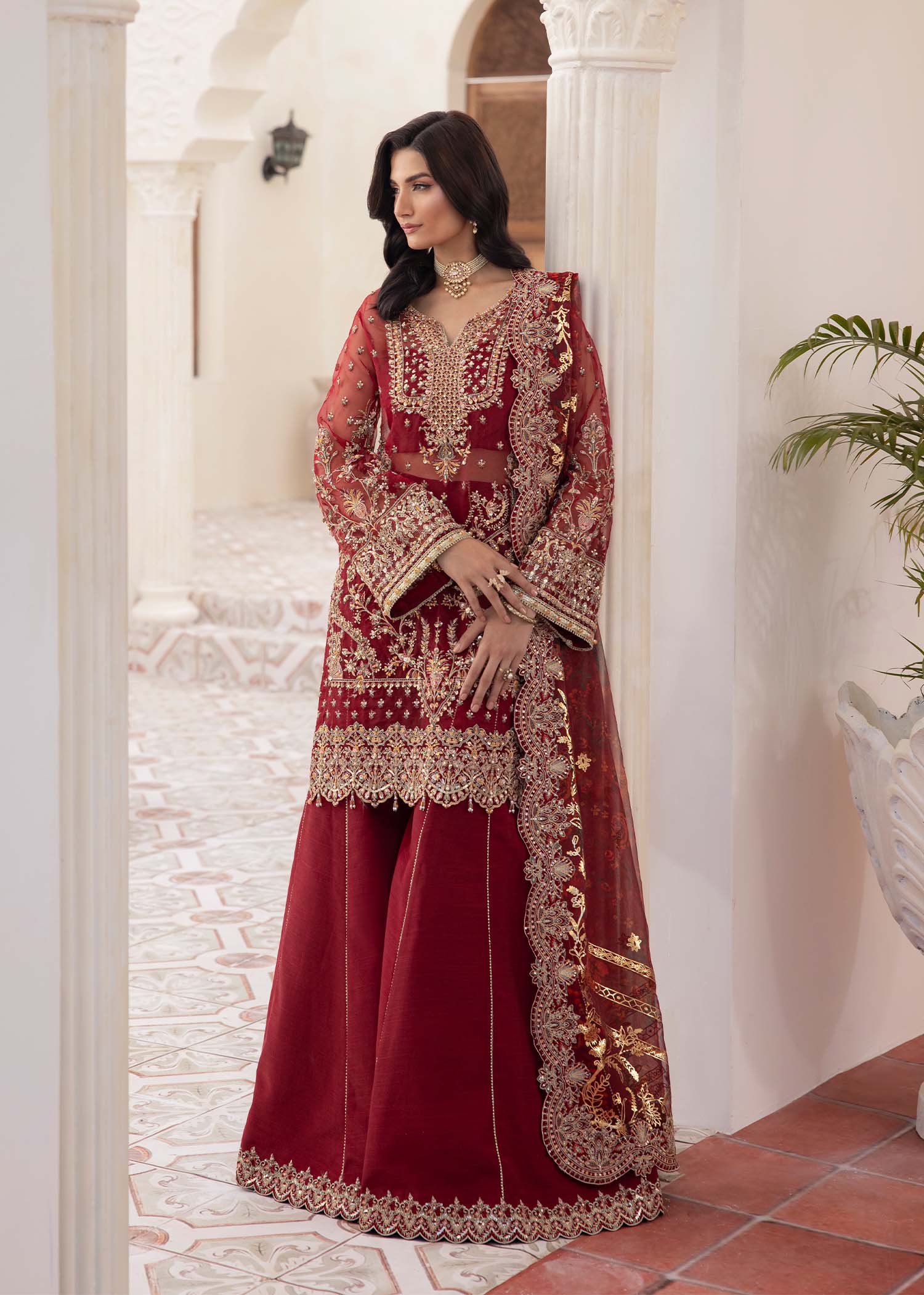 Kanwal Malik Red Shirt with Flared Pants for Luxury Wedding wear - Pakistani Designer Wear for Women in UK | Kifat